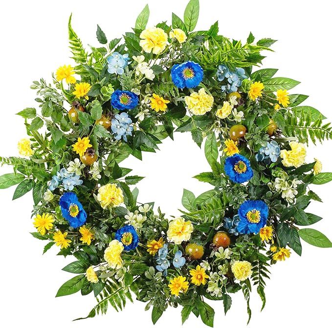 WANNA-CUL 24 Inch Spring Summer Artificial Carnation Flower Wreath for Front Door,Blue and Yellow... | Amazon (US)