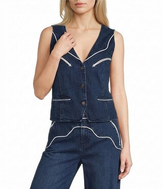 Reba Jenny Denim V-Neck Button Front Coordinating Vest | Dillard's | Dillard's