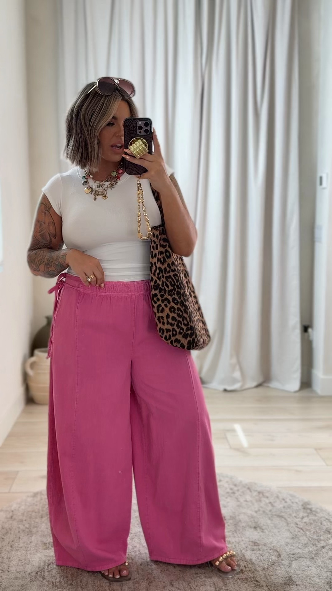 Top L /xl 
Pants L
Sandals size up