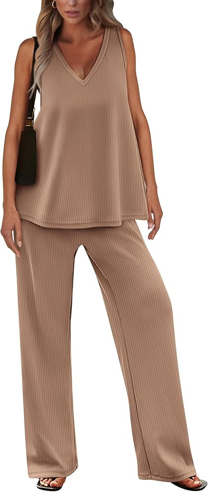 PRETTYGARDEN Womens Sleeveless V Neck Tank Top Wide Leg Pants Casual Knit Outfit Set | Amazon (US)
