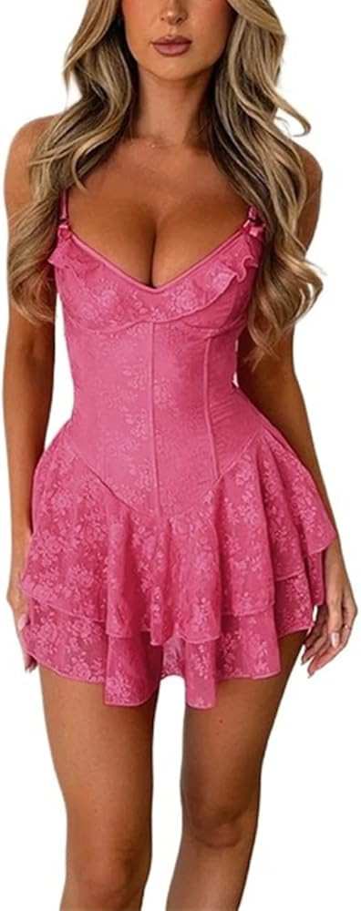 OCUH Womens Mini Dress Floral Corset Dress Draped Lace Tube Top Dress Cocktail Dress Sexy 2024 Su... | Amazon (US)