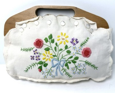 Vtg Bermuda Bag Clutch Wood Handle Purse Embroidery Flowers Linen Button Cover | eBay US