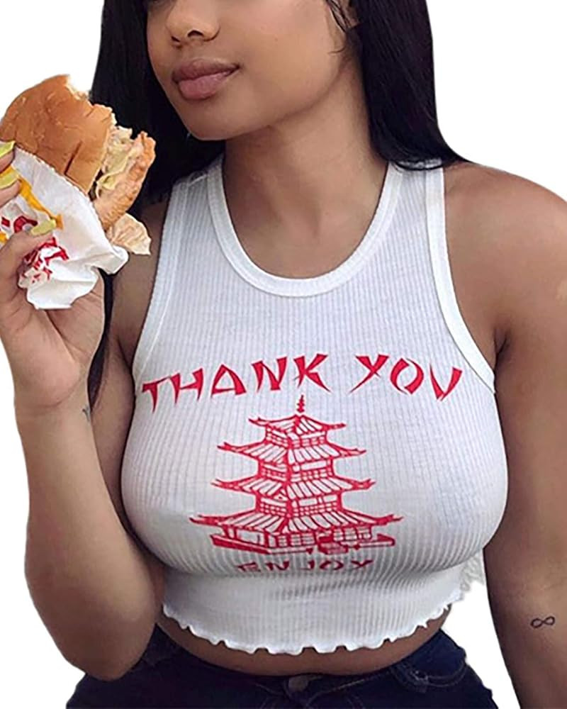 Hilinker Women's Summer Tank Tops Sleeveless Letter Graphic Printed Ribbed Knit Basic Crop Cami T... | Amazon (US)