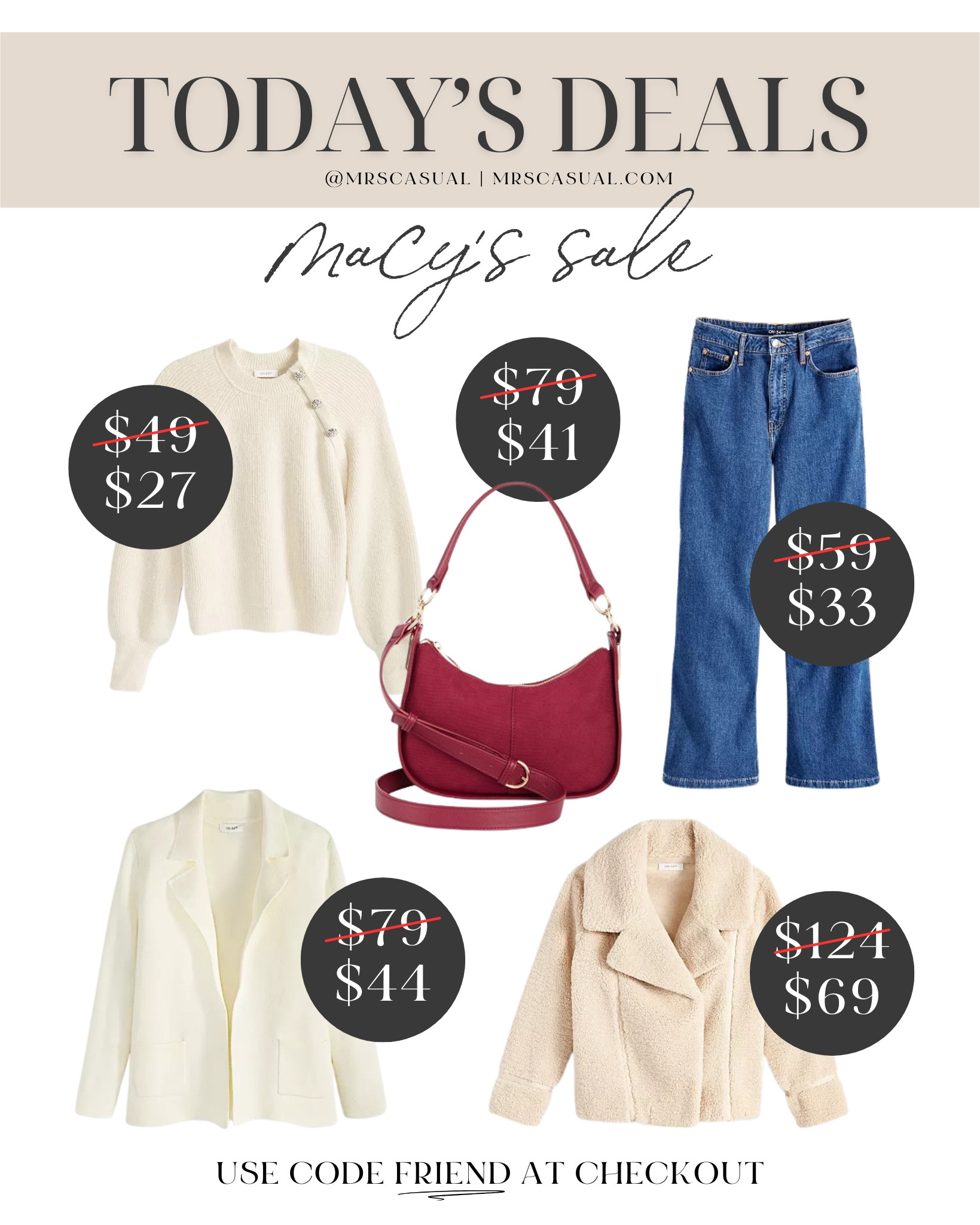 Today’s deals macys sale alert! Use code FRIEND at checkout to save 

#LTKFindsUnder100 #LTKSaleAlert #LTKFindsUnder50