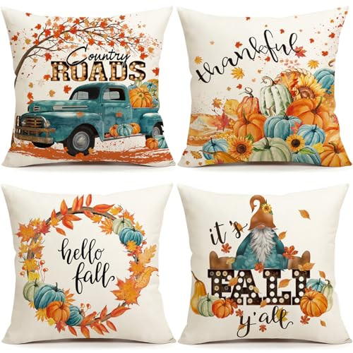 NIGHTWISH Fall Decor Pillow Covers 16x16 Set of 4 Thanksgiving Decorations Blue and Orange Pumpkins Outdoor Fall Farmhouse Decorative Throw Pillow Covers Autumn Harvest Cushion Case for Couch Sofa | Amazon (US)
