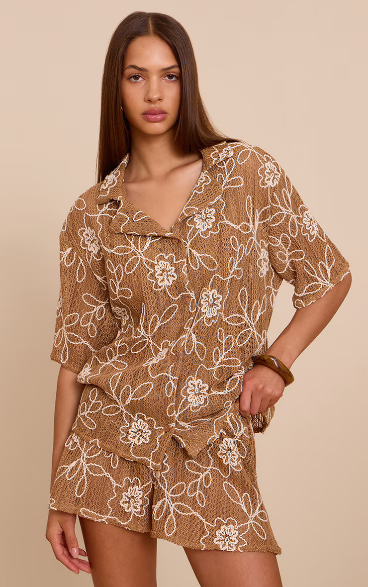 Tan Embroidered Floral Floaty Shorts | Co-ords | PrettyLittleThing UK