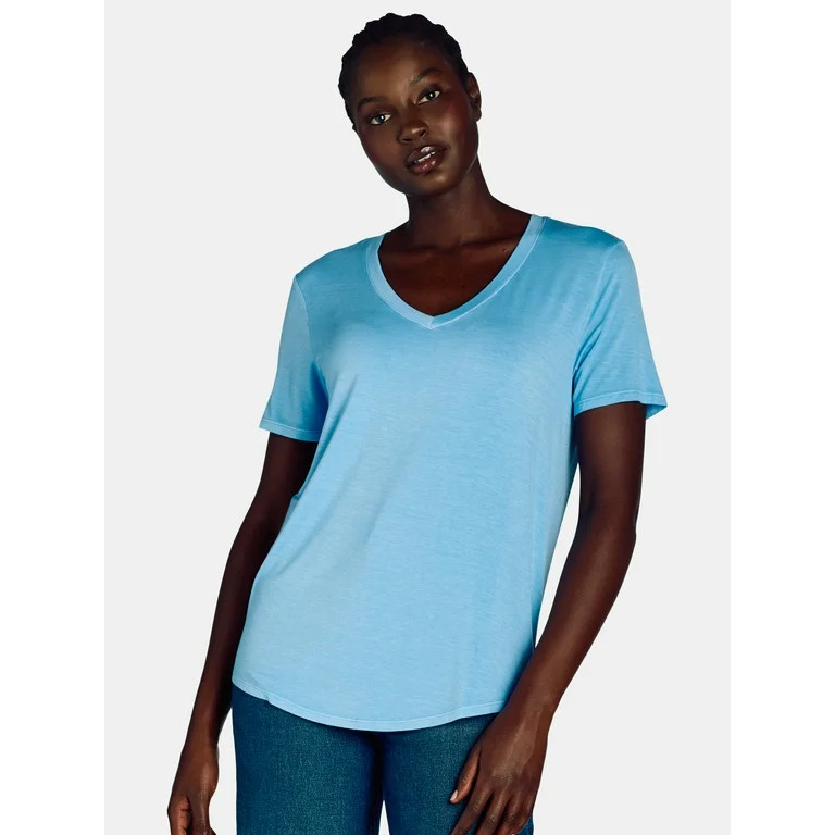 Time and Tru Women’s V-Neck Washed Tee with Short Sleeves, Sizes XS-XXXL | Walmart (US)
