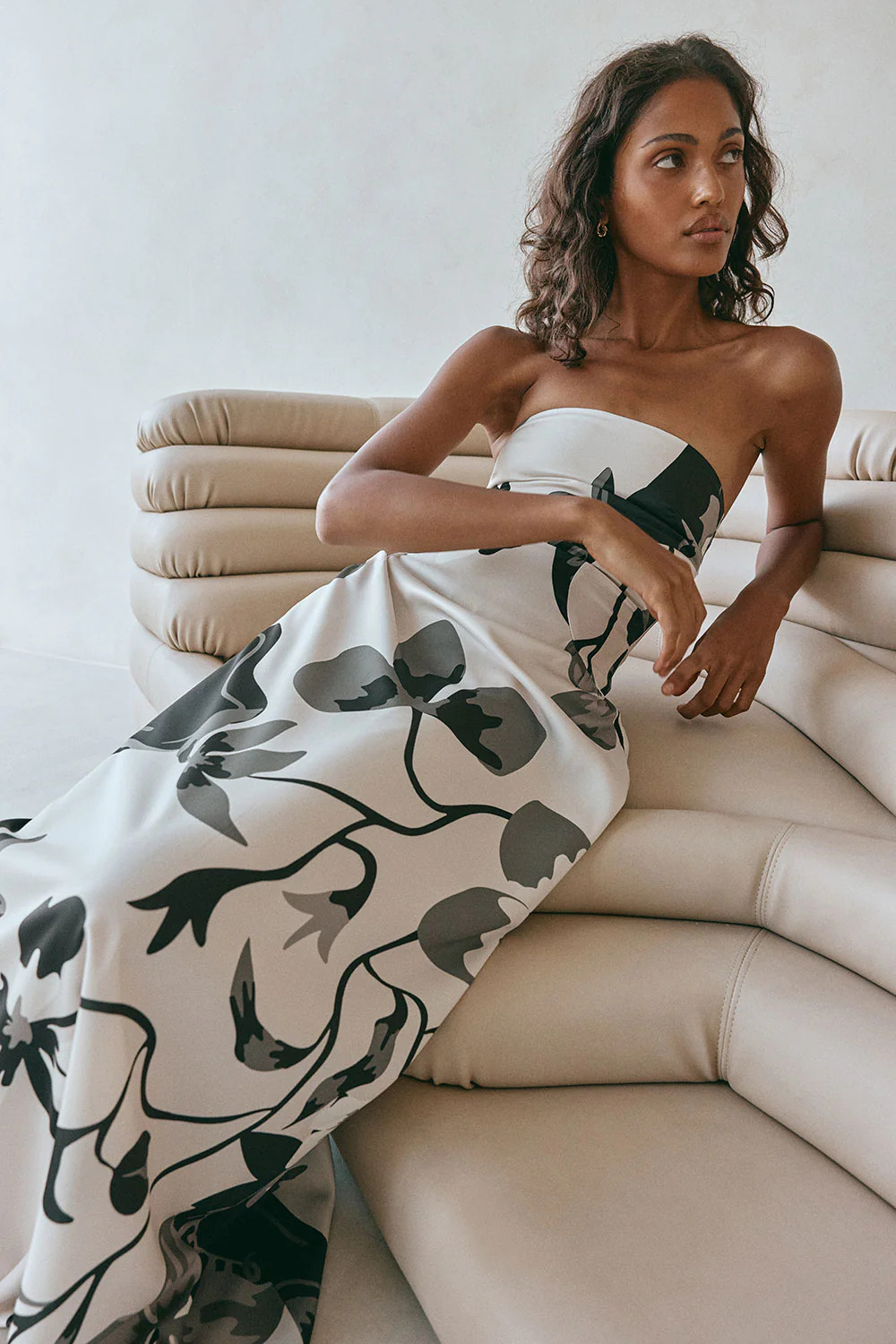 Satin Black Floras Muse Print Strapless Maxi Zephyra Dress | Sabo Skirt AU