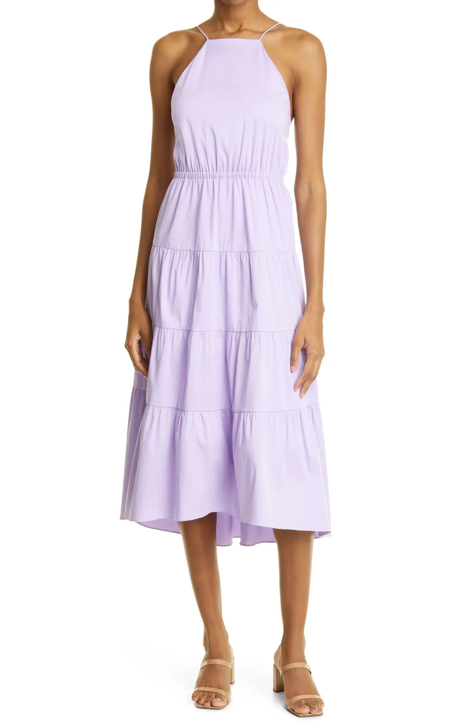 Alice + Olivia Hartley Open Tie Back Tiered Stretch Cotton Midi Dress | Nordstrom | Nordstrom