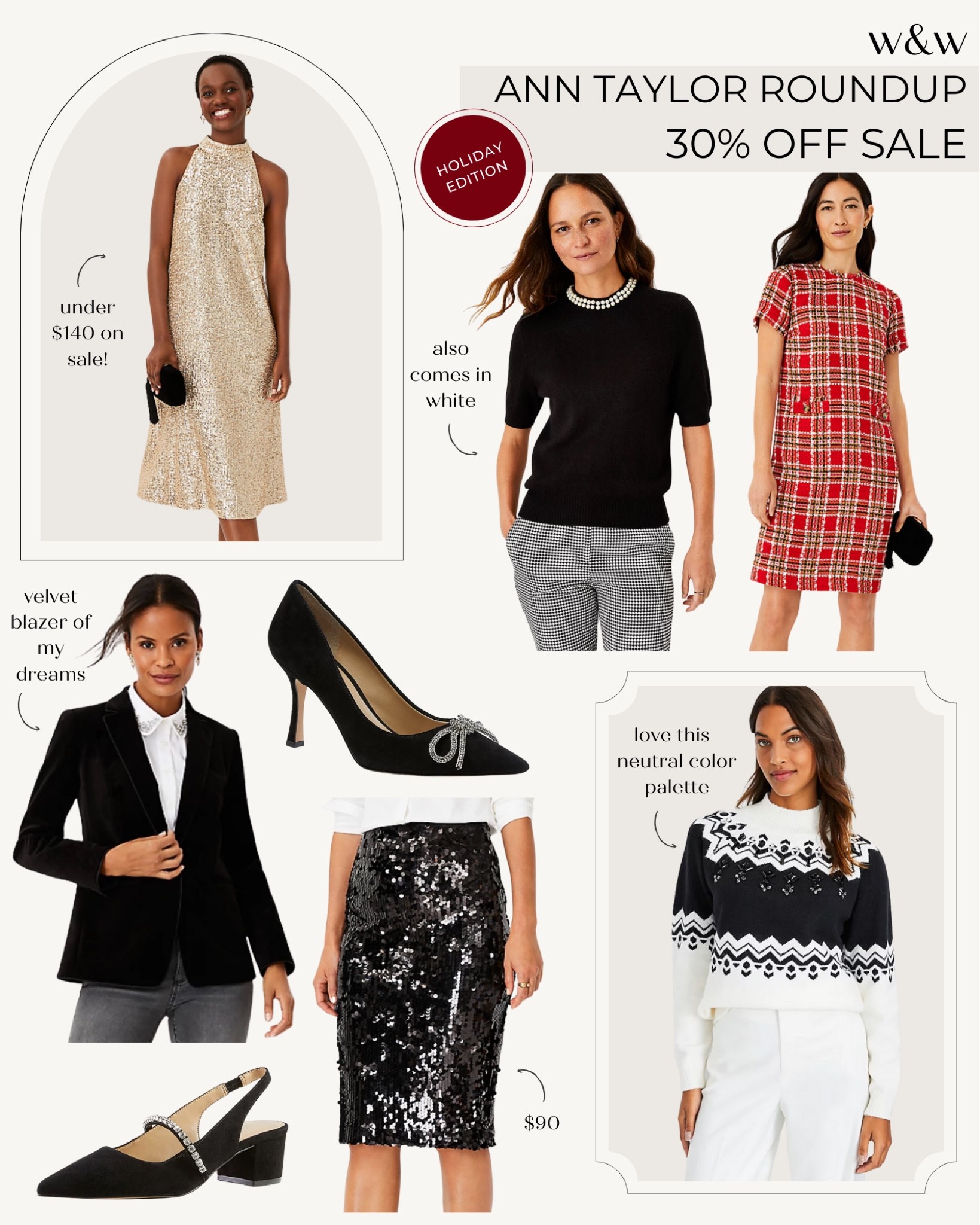 Ann Taylor sale roundup:
Gold sequin dress 
Pearl sweater
Red plaid dress
Fair isle sweater 
Sequin pencil skirt 
Velvet blazer 
Black embellished heels 

Holiday outfits
Holiday style
Holiday shoes  
Winter outfit

#LTKHoliday #LTKSeasonal #LTKsalealert