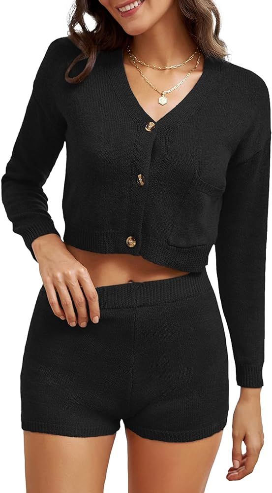GRACE KARIN Womens 2 Piece Loungewear Set Button Down Knit Cardigan and Elastic Waist Shorts Pajamas | Amazon (US)