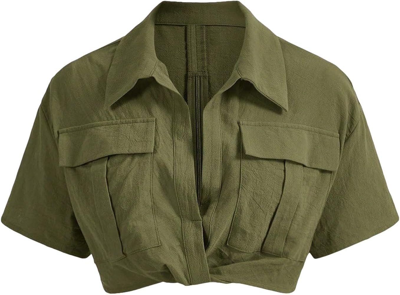 Verdusa Women's Short Sleeve Collar Neck Flap Pocket Twist Front Crop Top Shirts | Amazon (US)