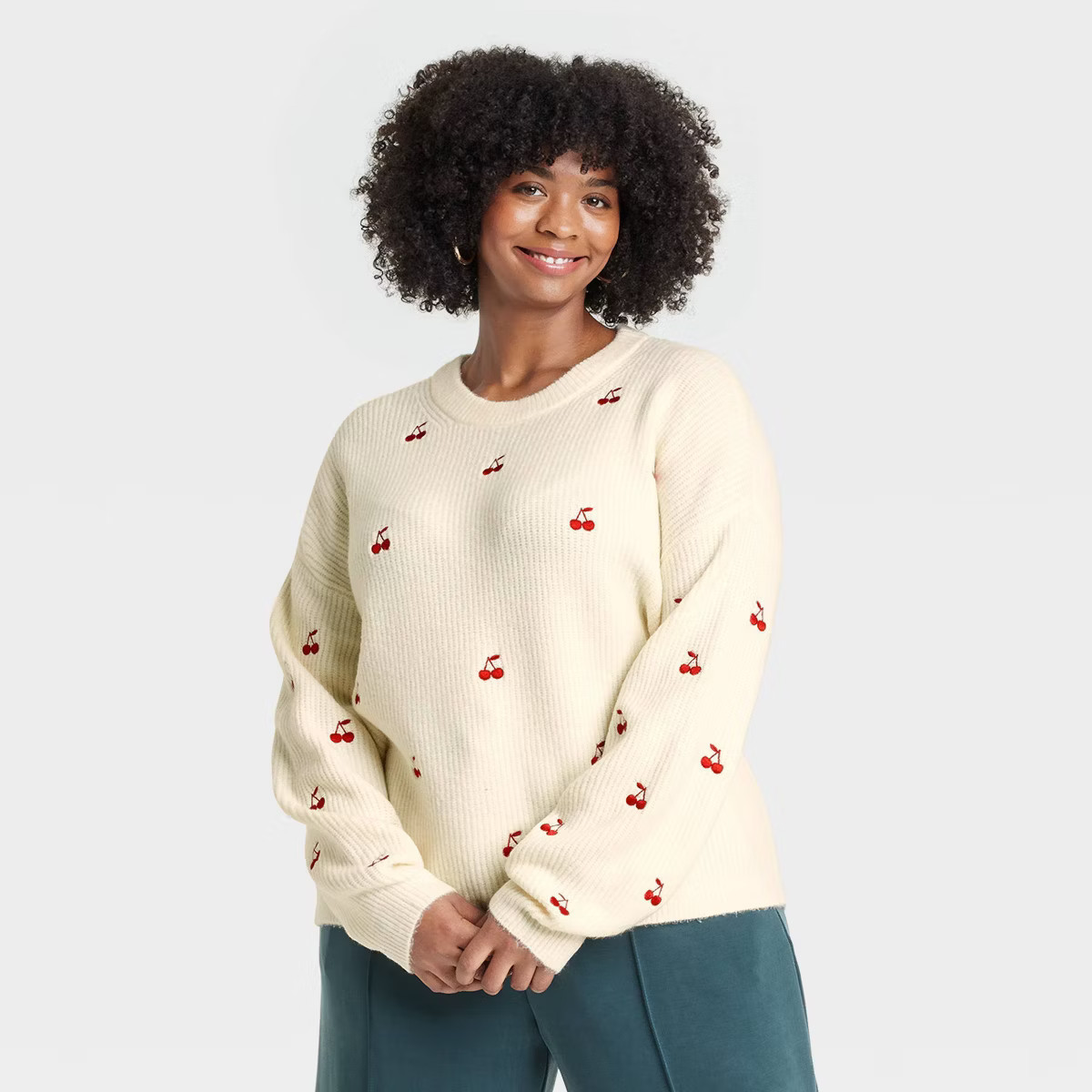 Women's Holiday Crewneck Pullover Sweater - A New Day™ Cream Cherries XXL | Target