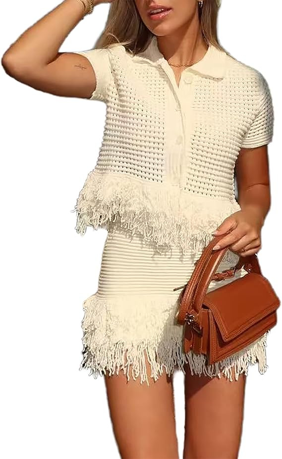 2 Piece Skirt Sets for Women Short Sleeve Crochet Knit Top and Mini Skirt Casual Vacation Outfits | Amazon (US)