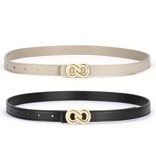 YooAi Belts for Women 2 Pack Skinny Leather Belt Trendy Thin Belts for Women Dresses Jeans Pants Black+Beige M 102.5 | Amazon (US)