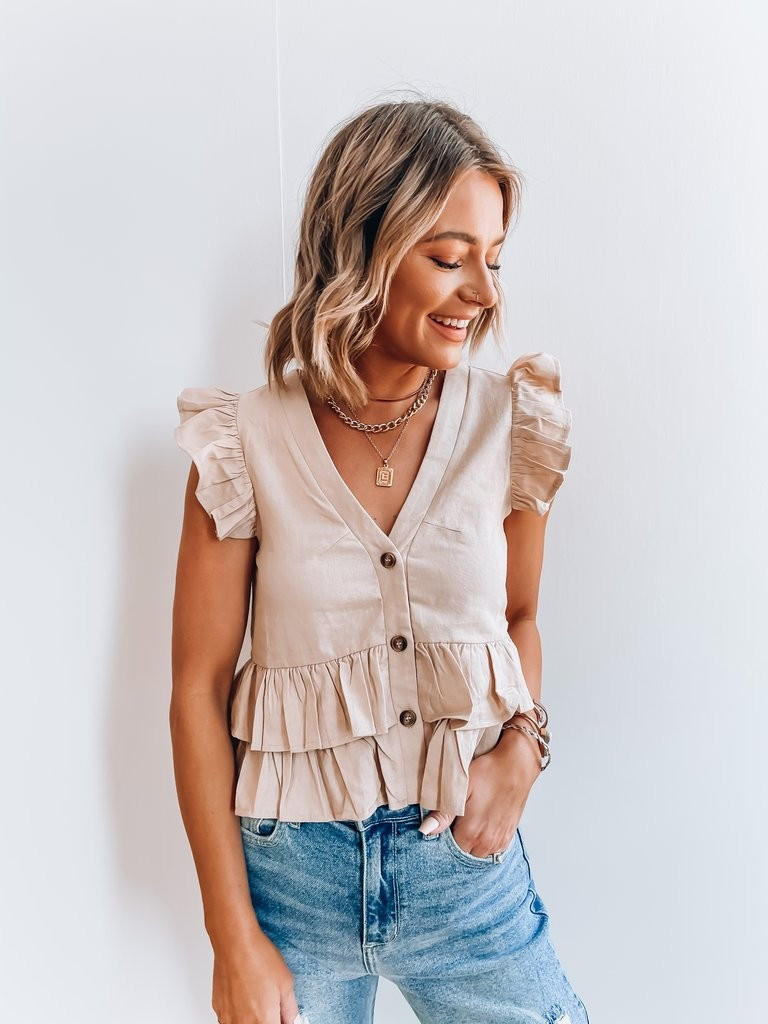 Lily Taupe Linen Top | She Is Boutique