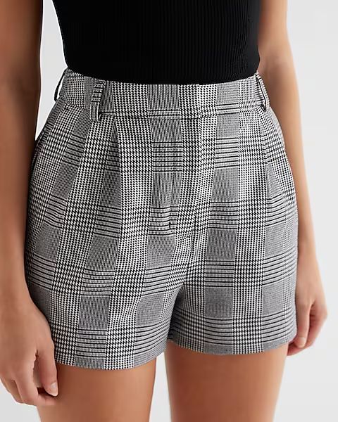 Super High Waisted Plaid Pleated Shorts | Express