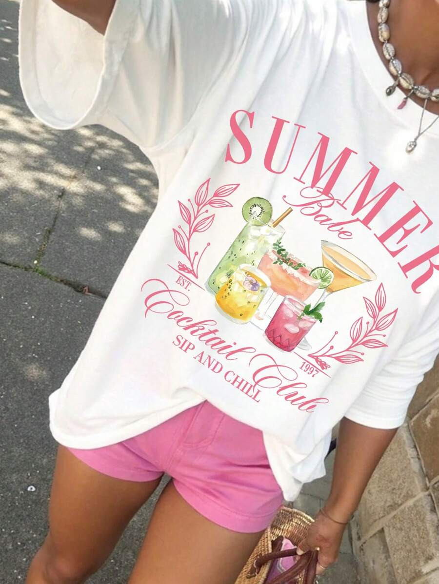 SHEIN MOOSTA Women's Summer Letter & Drink Print Round Neck Short Sleeve Casual Loose T-Shirt Top | SHEIN