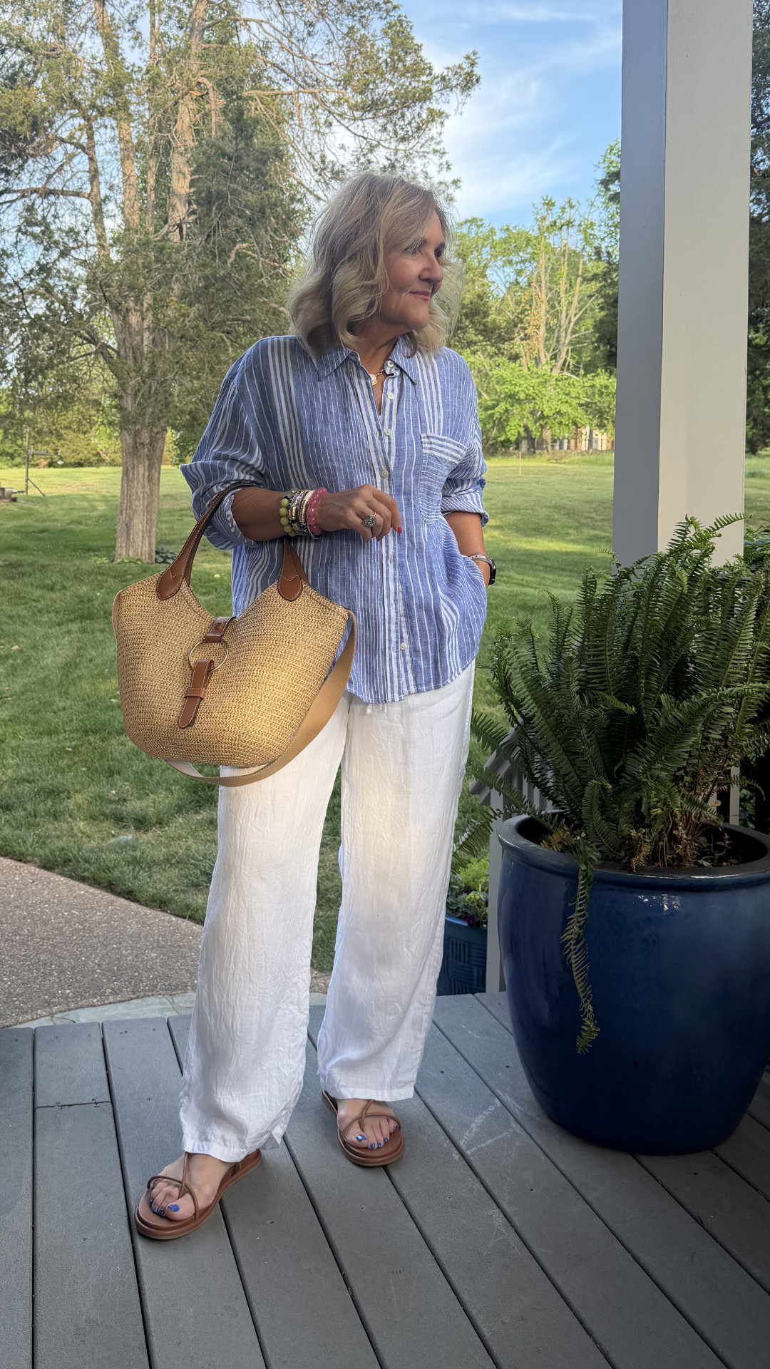 This is exactly what I reach for in the summer heat 🫶🏻

The combination of a relaxed button-down with easy, flowy pants is one of my favorite formulas, it’s comfortable, effortless, and always works.

Finished with simple accessories, it’s one of those looks you’ll keep wearing on repeat 
Everything is linked for you here 🤍 

 #LTKootd #LTKSeasonal #LTKOver40