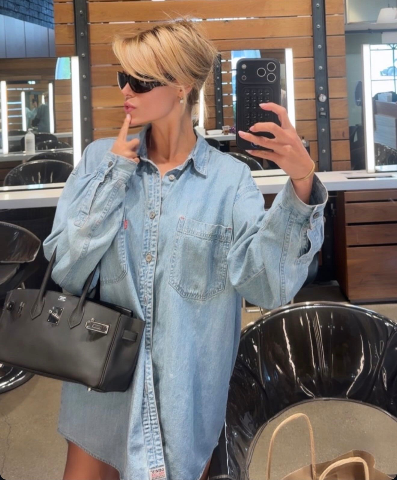 Brooks Nader denim snap front button western jean shirt oversize sunglasses