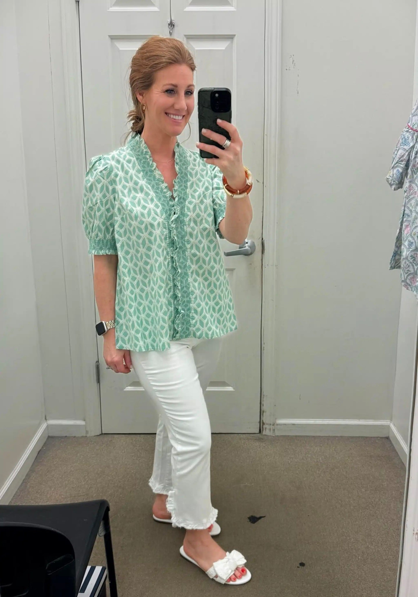 Stephanie is sharing her recent finds from Belk. This mint green top is perfect for Spring and it goes great with her white cropped pants. Blouse size small | jeans size 4 | sandals size 7

#LTKSpringSale #LTKOver40 #LTKPetite
