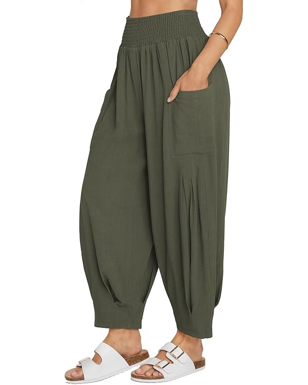 TARSE Women Linen Boho Pants Summer Casual Loose High Waist Cargo Lounge Harem Pant 2025 Beach Tr... | Amazon (US)