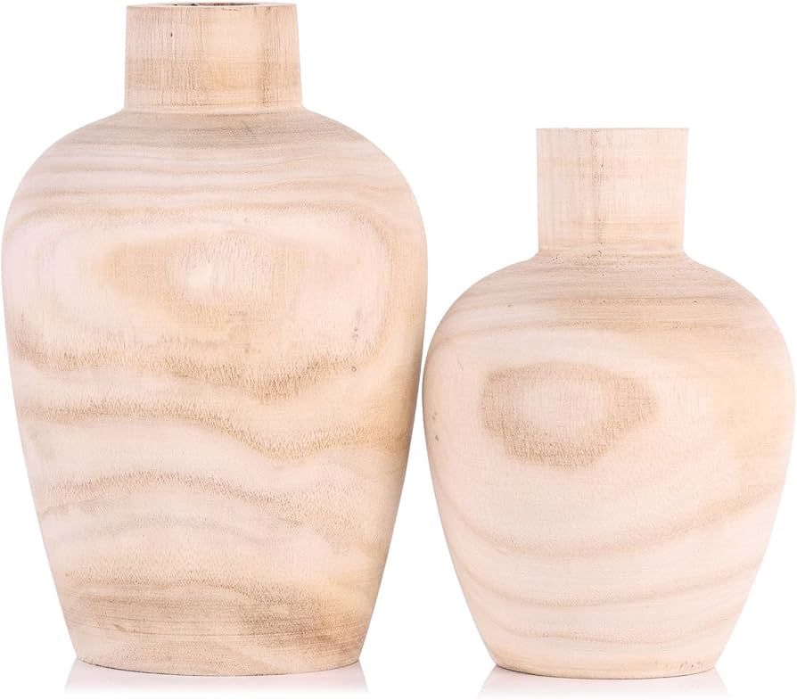 Wooden Vase Set 2,Small Vases for Decor,Wood Vases Decorative,Farmhouse Rustic Wood Vases for Dec... | Amazon (US)