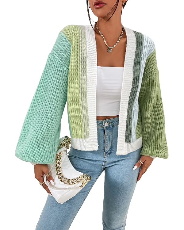 SHENHE Women's Color Block Open Front Long Sleeve Ribbed Knit Cropped Cardigan Sweaters | Amazon (US)