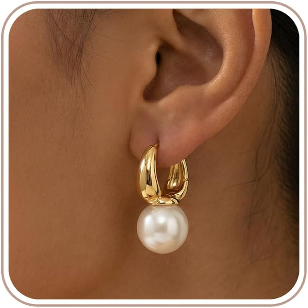 Amazon.com: Maxcate Gold Pearl Earrings for Women Trendy, Hypoallergenic 14K Plated Gold Hoop Hug... | Amazon (US)