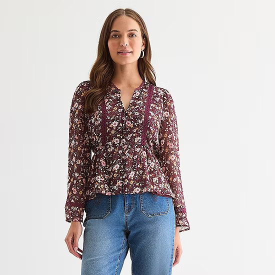 new!Frye and Co. Womens Split Crew Neck Long Sleeve Blouse | JCPenney