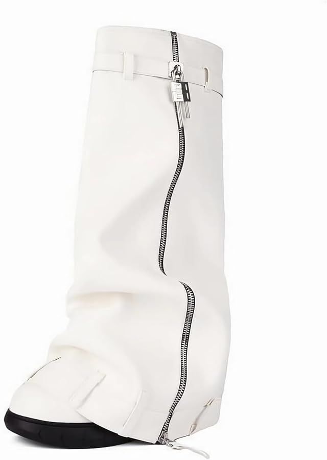 MissHeel Padlock Fold Over Platform Denim Knee High Boots | Amazon (US)