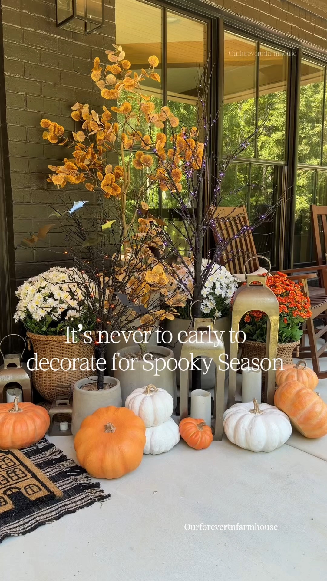 It’s never too early to decorate for spooky season… especially when you have a black house. 👻🖤😂

I had so much fun bringing a little fall and Halloween together on the porch with @nearlynatural! I mixed their fall eucalyptus trees with their black lighted Halloween trees, and I love how they all look together. The larger black trees switch between orange and purple lights, while the smaller orange-lit trees have the cutest little bats tucked into the branches. 🦇🎃

Add in a few pumpkins, lanterns and faux mums, and I think our porch is officially ready for spooky season. 👻🖤

#LTKHome #LTKSeasonal