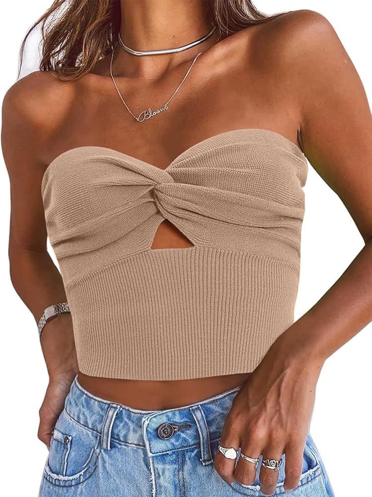 EFAN Womens Tube Tops Going Out Cut Out Twist Knot Front Bandeau Ribbed Knit Y2K Strapless Tank B... | Amazon (US)