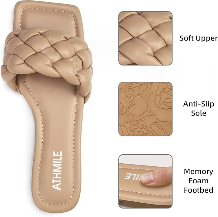 ATHMILE Braided Womens Sandals Square Open Toe Fashion Slide Sandals Women Dressy Summer Flat Bea... | Amazon (US)