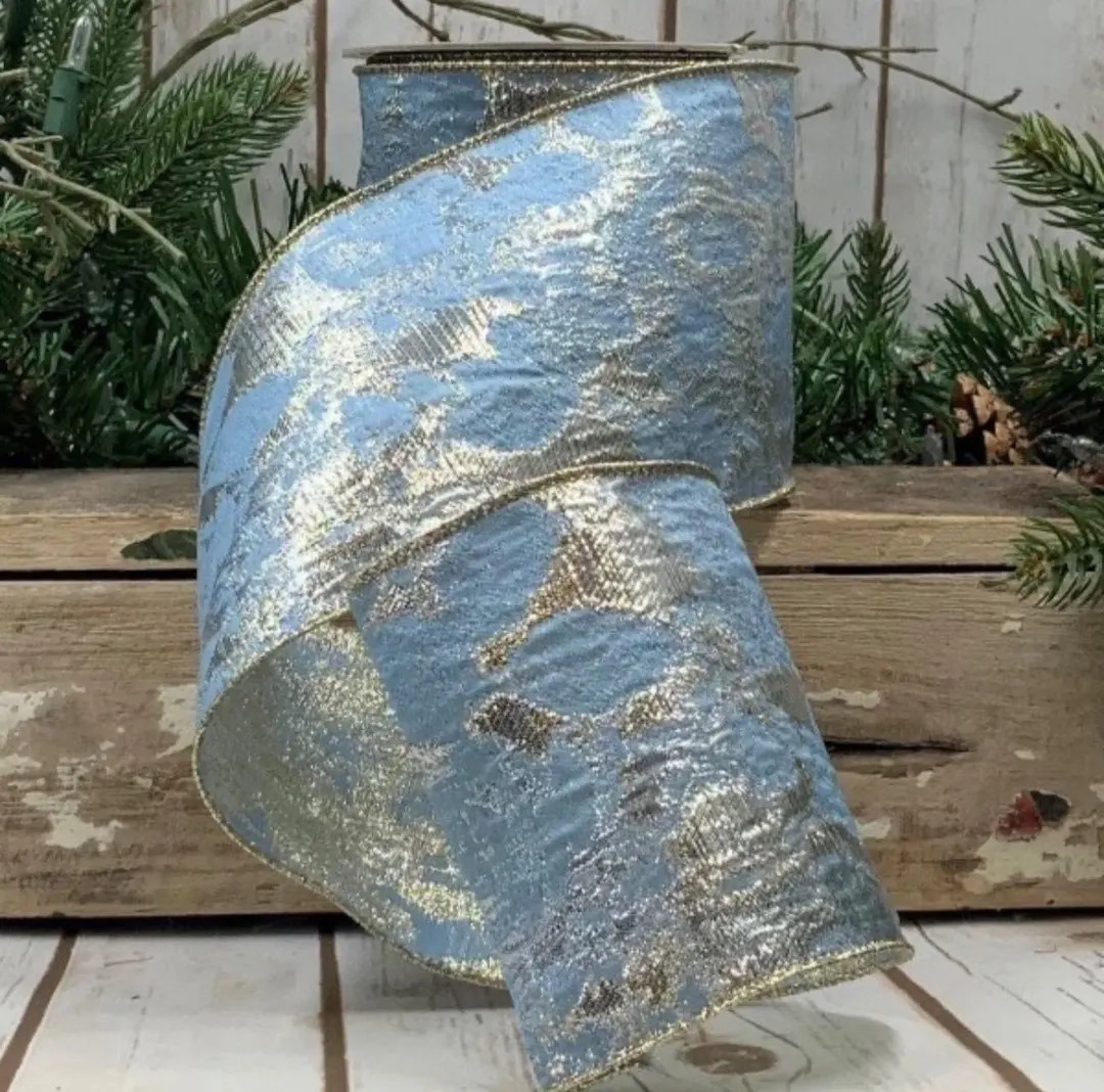 4" D Stevens Brocade French Blue and Gold Metallic Wired Ribbon, 10 Yard Roll - Etsy | Etsy (US)