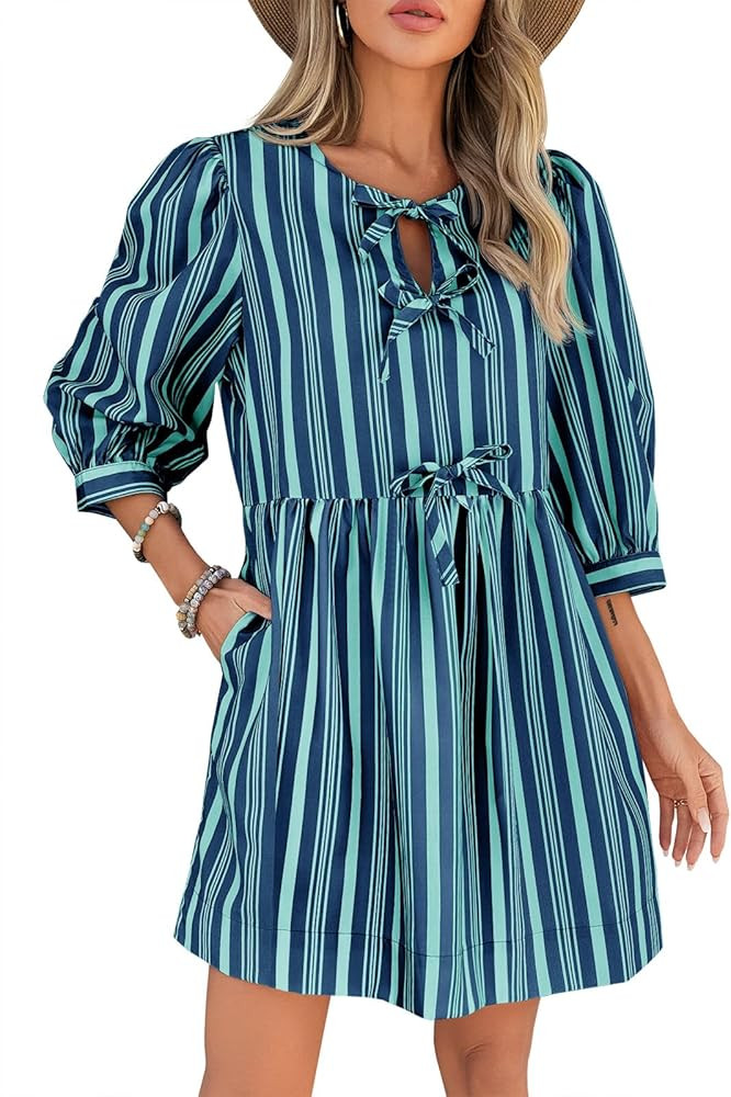 Wenrine Women's Puff Sleeve Mini Dress Summer Casual Bow Tie Crewneck Striped Loose Flowy Beach D... | Amazon (US)