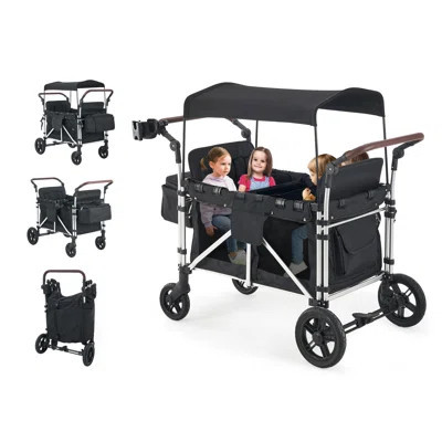 Stroller Wagon For 4 Kids, Wagon Cart Featuring 4 High Seat With 5-point Harnesses And Adjustable Canopy, Foldable Double Push Bar Wagon Stroller For | Wayfair North America