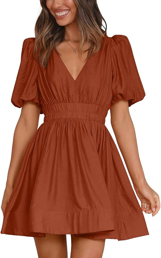 BWQ Women Mini Dress Short Puff Sleeve Sexy V Neck Dress A-line Elastic High Waisted Casual Flowy... | Amazon (US)