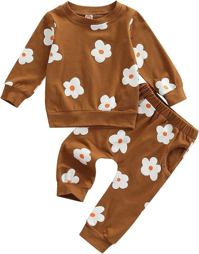 2pcs Baby Girls Fall Winter Outfits Toddler Flower Sweatshirt Pocket Pants Sets Long Sleeve Brown... | Amazon (US)