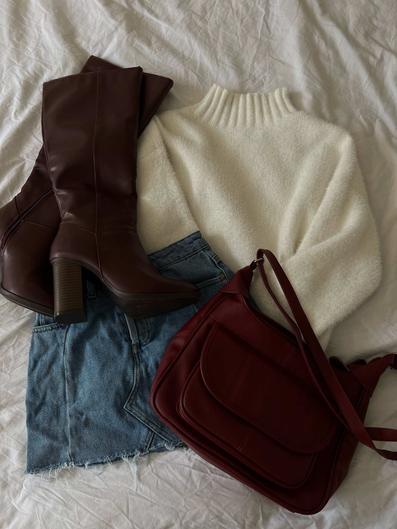 Wine red + cherry red knee high boots autumn outfit inspo