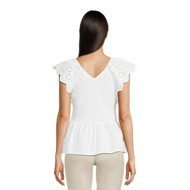 Time and Tru Women's Smocked Bodice V-Neck Eyelet Top, XS-3XL | Walmart (US)