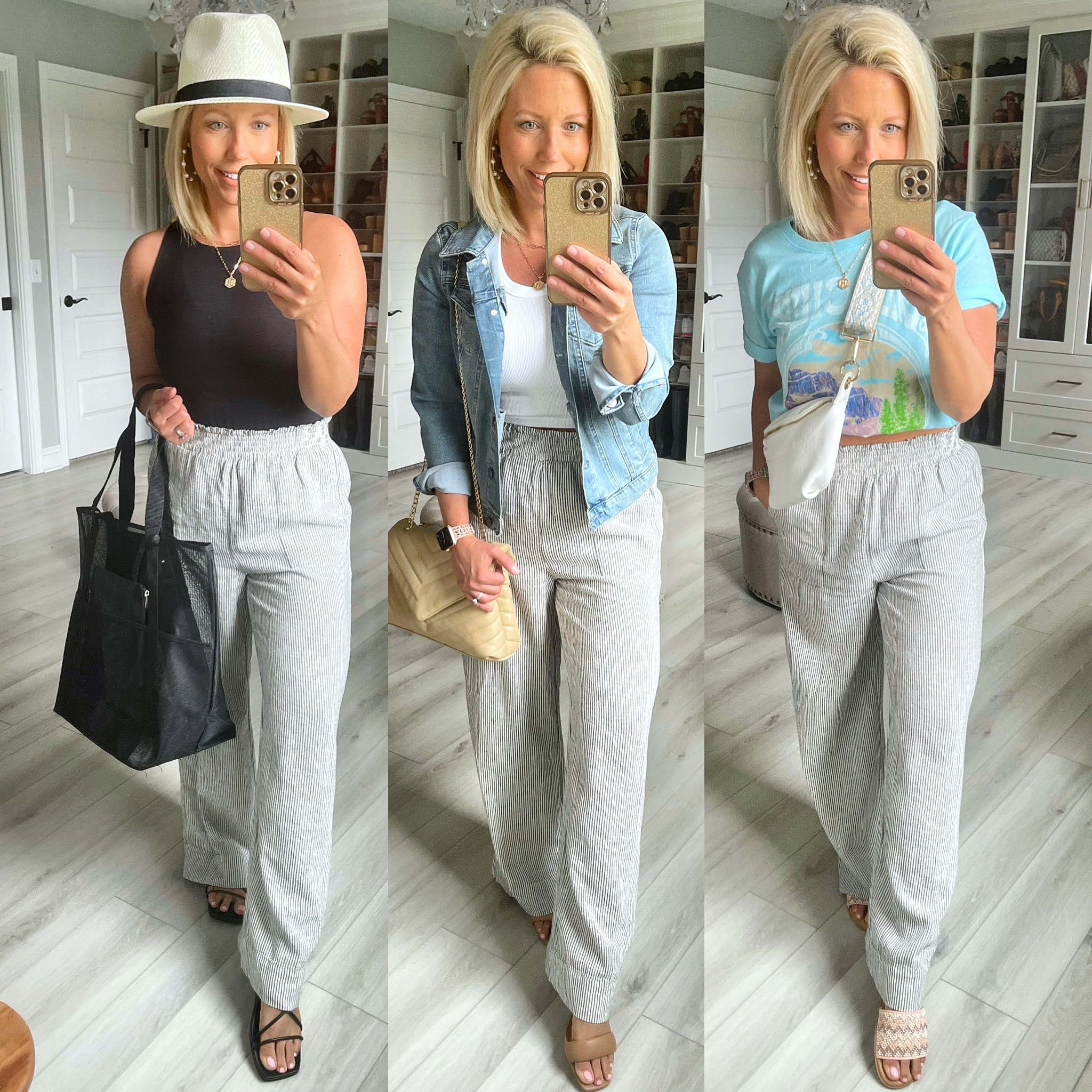I love these $19.98 linen pants!!! So easy to style for summer!
Black bodysuit, pants, denim jacket smalls
White tank, graphic tee medium 

#LTKunder50 #LTKsalealert #LTKstyletip