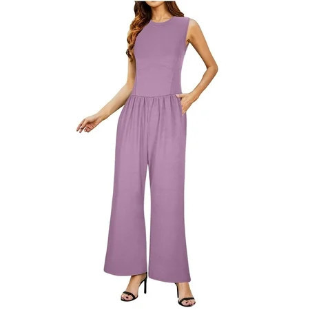 HOMBOM Womens Summer Jumpsuits and Rompers Sleeveless Purple Round Neck Solid Color Straight-leg Jumpsuit S | Walmart (US)