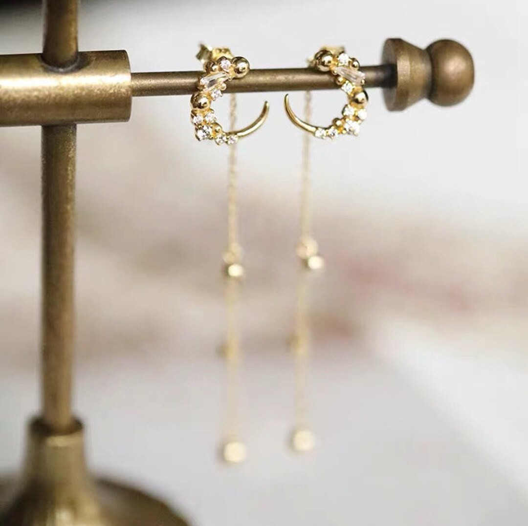 Moon Dangle Earrings Gold, Moon Chain Dangle Earrings, Long Dangle Earrings, Moon Dangle Drop Ear... | Etsy (US)