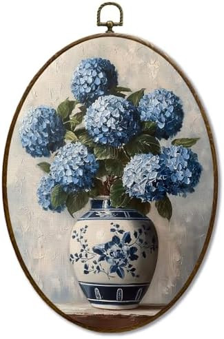 JQF Vintage Chinoiserie Blue Hydrangea Oval Wall Decor, Blue and White Chinoiserie Porcelain Hydr... | Amazon (US)