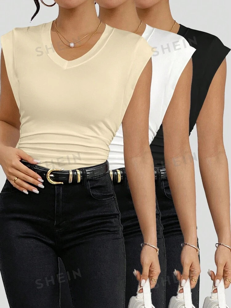 TrendsSHEIN Privé Women's 3pcs/Set Elegant Summer Sleeveless Tank Top For Summer With V-Neckline... | SHEIN