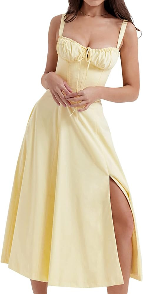 Women Bustier Long Dress Square Neck Low Cut Sleeveless Summer Boho Midi Dress Lace Trim A-Line S... | Amazon (US)