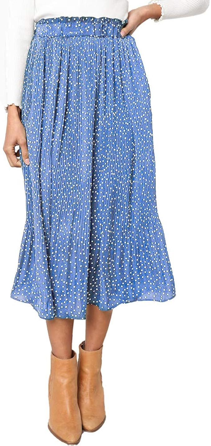 EXLURA Womens High Waist Polka Dot Pleated Skirt Midi Swing Skirt with Pockets | Amazon (US)