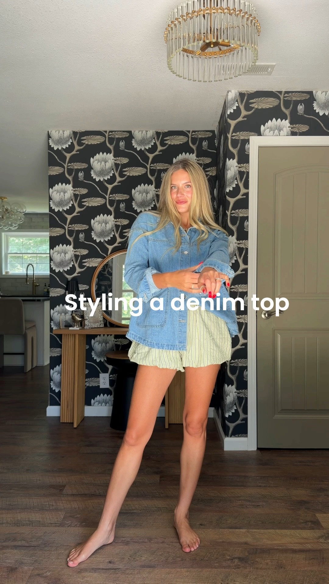 Styling a denim button down top in summer — this will carry right into fall! An absolute closet staple must have! In a M top and S short #outfitideas #denimtop

#LTKootd
