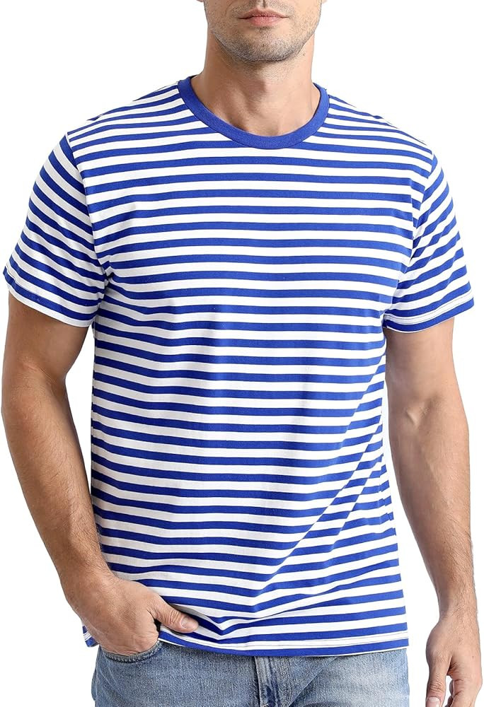Funny World Men's Casual Cotton Striped T-Shirts Short Sleeve Crewneck Basic Tee | Amazon (US)
